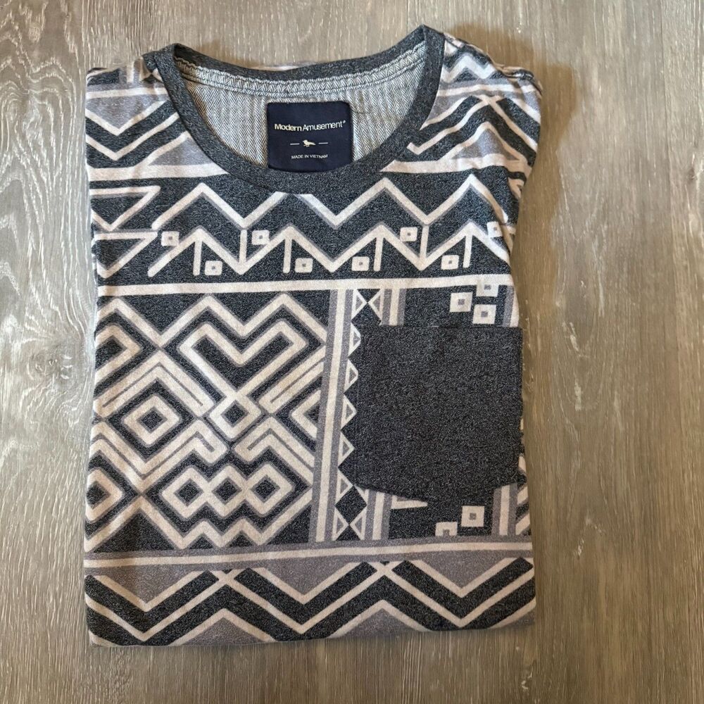 Modern Amusement Mens Small Black Grey Aztec Geometric Pocket T-Shirt Skater